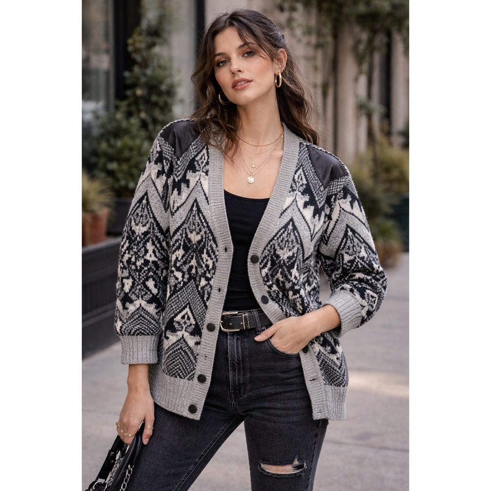 Vintage Eclectic‎ Grandpa Geometric Cardigan Sweater M Gray Black Oversized